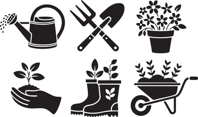Black silhouette icons of gardening tools and plants on white background watering shovel