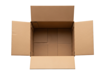 Open brown cardboard box isolated PNG, top view of empty container for shipping and storage on transparent background