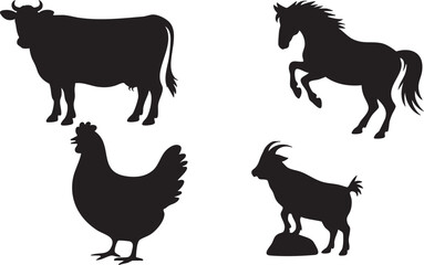 Black silhouettes of farm animals cow horse chicken goat on white background vector
