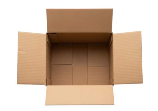 Open brown cardboard box isolated PNG, top view of empty container for shipping and storage on transparent background - Powered by Adobe