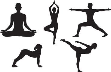 Black silhouettes of people performing various yoga poses on a white background person exercise
