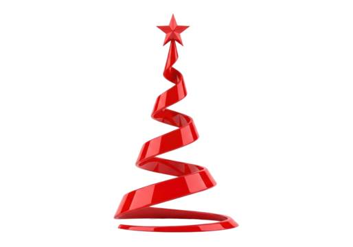 Red spiral Christmas tree with star isolated PNG, modern holiday decoration on transparent background for festive design and greeting cards