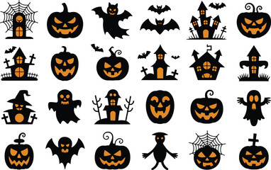 Collection of black and orange Halloween icons featuring pumpkins ghosts haunted houses and bats