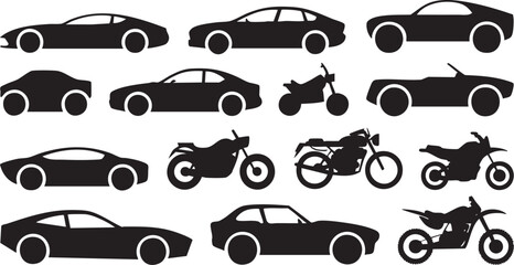 Collection of black car and motorcycle silhouettes on white background automobile vehicle