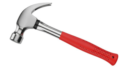 Claw hammer with red handle isolated PNG on transparent background, carpentry tool for construction and home improvement projects
