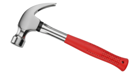 Claw hammer with red handle isolated PNG on transparent background, carpentry tool for construction and home improvement projects