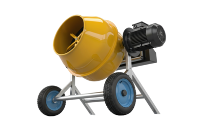 Yellow concrete mixer isolated PNG, construction equipment for building and renovation projects on transparent background