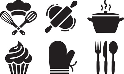 Collection of black cooking and baking icons including chef hat whisk fork pot cupcake oven mitt and cutlery