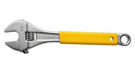Adjustable wrench with yellow handle isolated PNG, versatile tool for tightening bolts and nuts on...