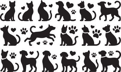 Collection of black cat and dog silhouettes with paw prints and hearts white