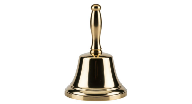 Shiny golden hand bell isolated PNG on transparent background, vintage school service instrument for ringing and celebration