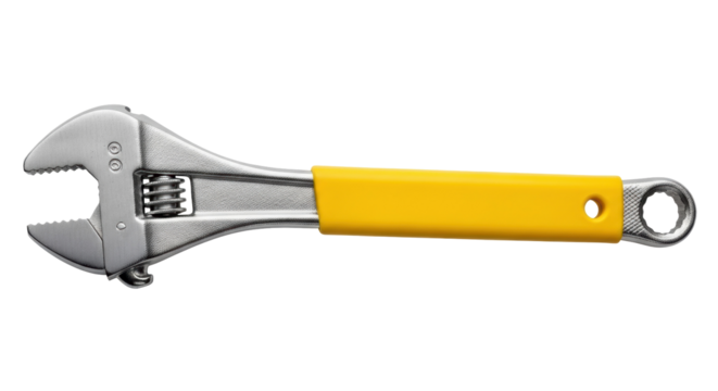 Adjustable wrench with yellow handle isolated PNG, versatile tool for tightening bolts and nuts on transparent background