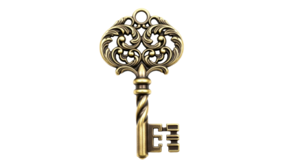 Ornate antique key PNG isolated on transparent background, vintage style golden key for graphic design and security concepts