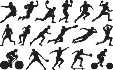 Collection of black male athlete silhouettes in various sports and activities vector