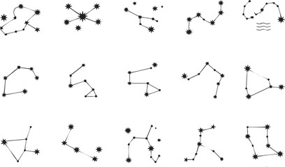 Collection of black line art constellations and stars on white background galaxy space