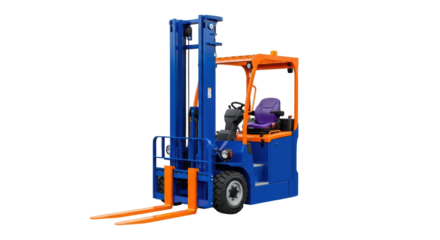 Blue and orange forklift PNG isolated on transparent background, industrial vehicle for warehouse and construction sites