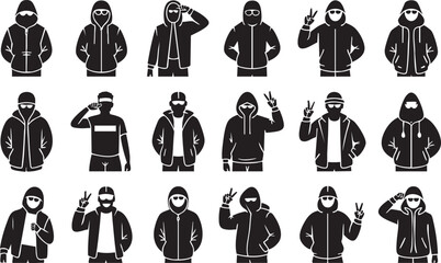 Collection of black silhouette figures wearing hooded jackets and sunglasses person male