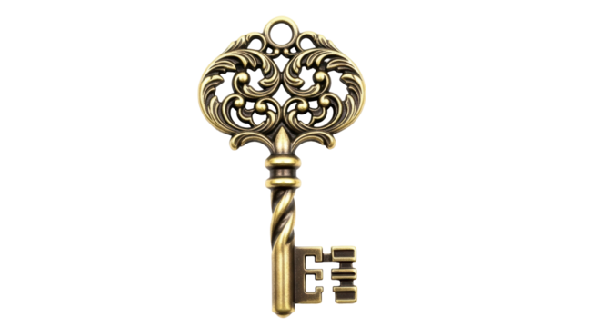 Ornate antique key PNG isolated on transparent background, vintage style golden key for graphic design and security concepts