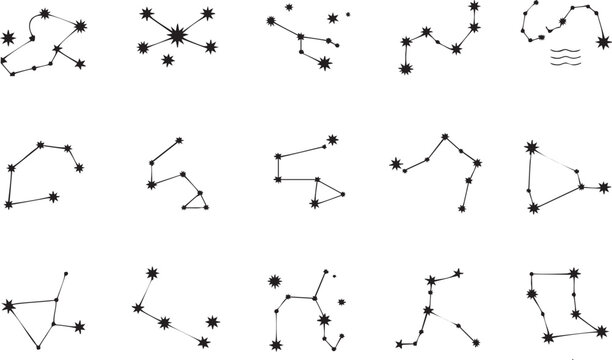 Collection of black line art constellations and stars on white background galaxy space