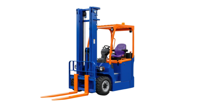 Blue and orange forklift PNG isolated on transparent background, industrial vehicle for warehouse and construction sites