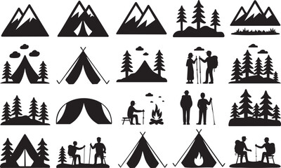 Collection of black silhouette icons depicting mountains tents trees hikers and campfires vector