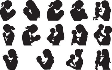 Collection of black silhouettes of mothers holding babies in various poses baby child