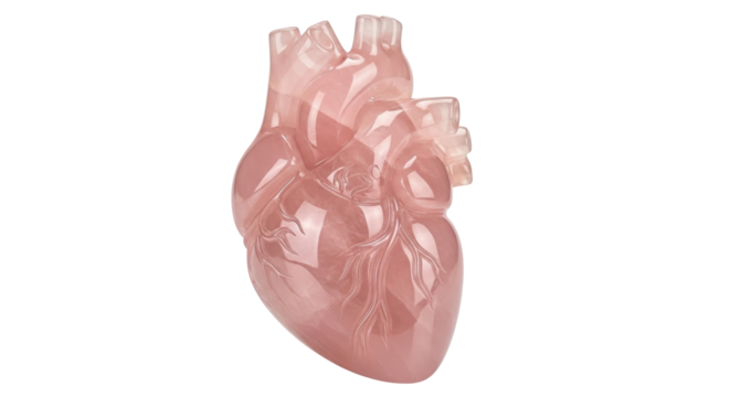 Anatomical heart isolated PNG on transparent background, realistic human organ in pink quartz for medical and educational use