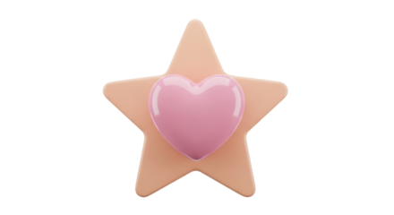 Peach star with pink heart isolated PNG, cute 3D render for graphic design and social media content creation