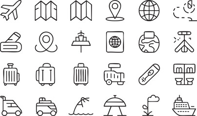 Collection of hand drawn travel and vacation icons including airplane map globe suitcase and cruise ship