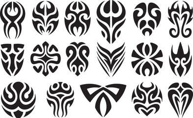 Collection of black tribal tattoo designs and abstract graphic symbols vector