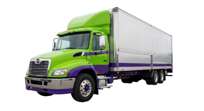 Green and purple semi-truck PNG isolated on transparent background, commercial vehicle for transportation and delivery services