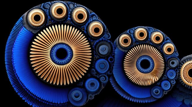 Abstract fractal design with layered circular elements in blue and gold, set against a dark background.