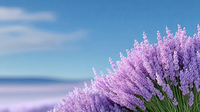 A close-up view of a field of blooming lavender flowers in vibrant purple hues, set against a soft blue sky with wispy clouds. The image evokes a sense of tranq - Powered by Adobe
