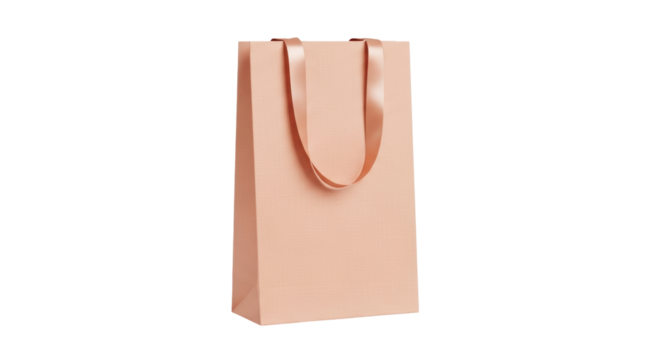 Elegant peach-colored paper gift bag isolated PNG, stylish packaging for presents and retail on transparent background