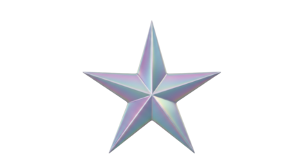 Iridescent five-pointed star isolated PNG on transparent background, shiny metallic starburst for graphic design and holiday decoration