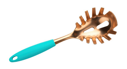 Copper spaghetti server with turquoise handle isolated PNG, kitchen utensil for pasta cooking and...