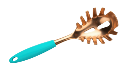Copper spaghetti server with turquoise handle isolated PNG, kitchen utensil for pasta cooking and serving on transparent background
