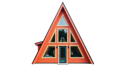 A-frame house PNG isolated on transparent background, modern cabin with orange exterior and geometric windows for architecture design