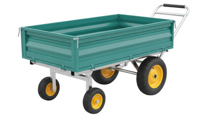 Green garden cart isolated PNG, four-wheeled trolley for landscaping and hauling on transparent background