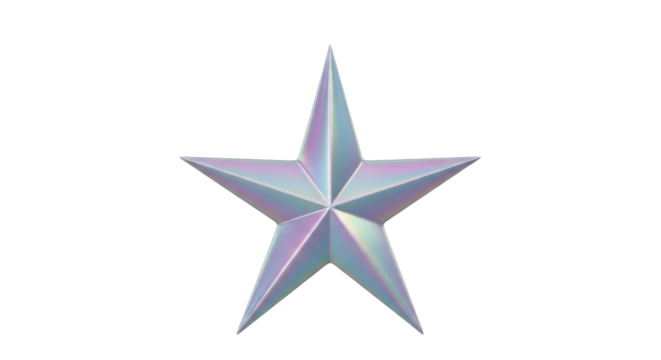 Iridescent five-pointed star isolated PNG on transparent background, shiny metallic starburst for graphic design and holiday decoration