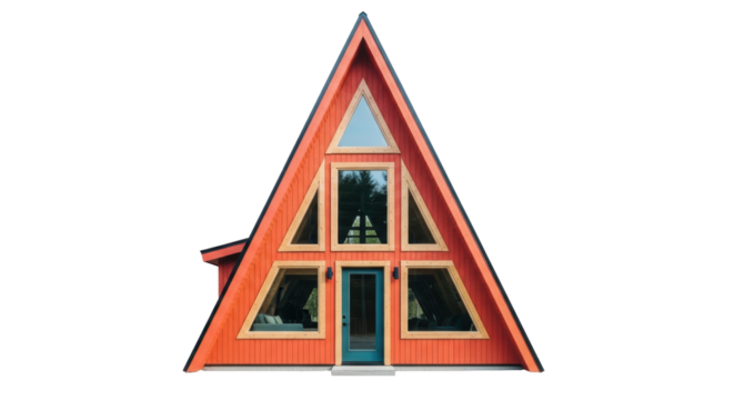A-frame house PNG isolated on transparent background, modern cabin with orange exterior and geometric windows for architecture design