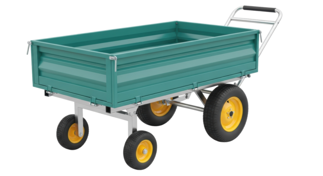 Green garden cart isolated PNG, four-wheeled trolley for landscaping and hauling on transparent background