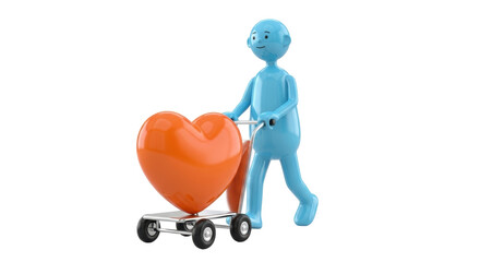 Blue cartoon character pushing a cart with a big orange heart isolated PNG, love and care concept on transparent background