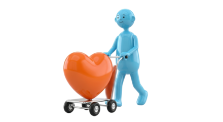 Blue cartoon character pushing a cart with a big orange heart isolated PNG, love and care concept on transparent background