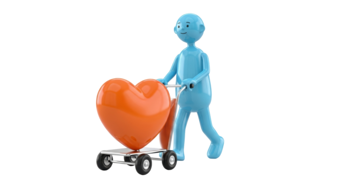 Blue cartoon character pushing a cart with a big orange heart isolated PNG, love and care concept on transparent background