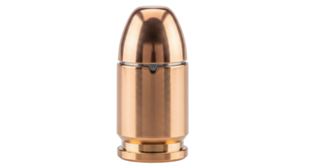 Shiny 9mm pistol bullet isolated PNG, ammunition for handgun and self-defense Cartridge with copper jacket and lead core on transparent background