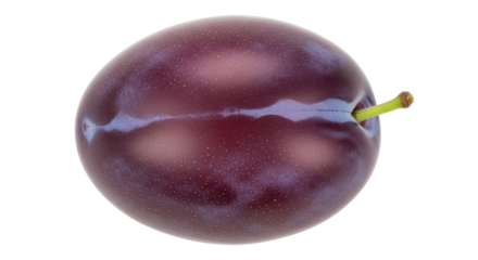 Fresh ripe plum isolated PNG, dark purple fruit with stem on transparent background, healthy eating and summer harvest