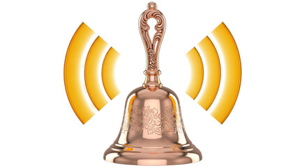 Ornate copper bell PNG isolated on transparent background, vintage metal handbell with sound waves for celebration and notification
