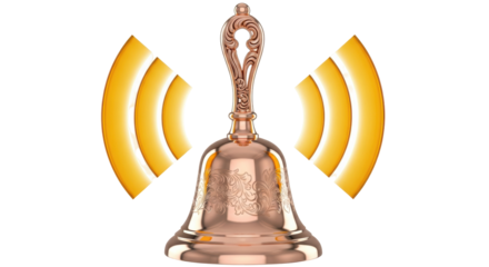Ornate copper bell PNG isolated on transparent background, vintage metal handbell with sound waves for celebration and notification