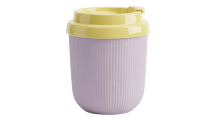 Reusable coffee cup with yellow lid isolated PNG on transparent background, eco-friendly travel mug for hot drinks and sustainable lifestyle